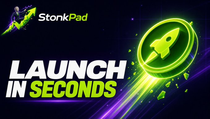 A promotional graphic features the text 'StonkPad LAUNCH IN SECONDS' alongside a glowing green rocket logo on a dark background.