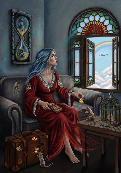 A silver-haired woman in a red robe sits on a couch beside a stained-glass window, gazing out at a rainbow and airplane while offering cheese to a small mouse, with a second mouse on the floor and a birdcage nearby.

The image symbolically illustrates the post's comparison between art on ETH (represented by the enclosed caged bird) versus XTZ (the open window revealing freedom, represented by the flying airplane and rainbow), suggesting XTZ offers a freer environment for artistic expression.