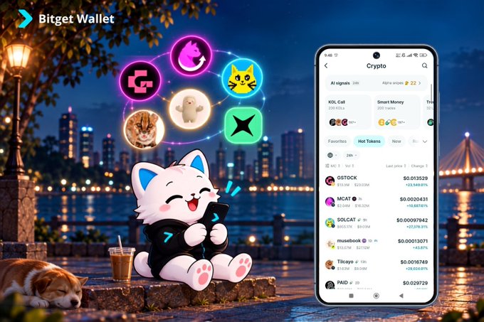 A promotional graphic for Bitget Wallet showing a white cartoon cat mascot holding a phone, alongside a mobile interface displaying cryptocurrency prices including GSTOCK, MCAFI, SOLCAT, musebook, Tilcya, and PAID.