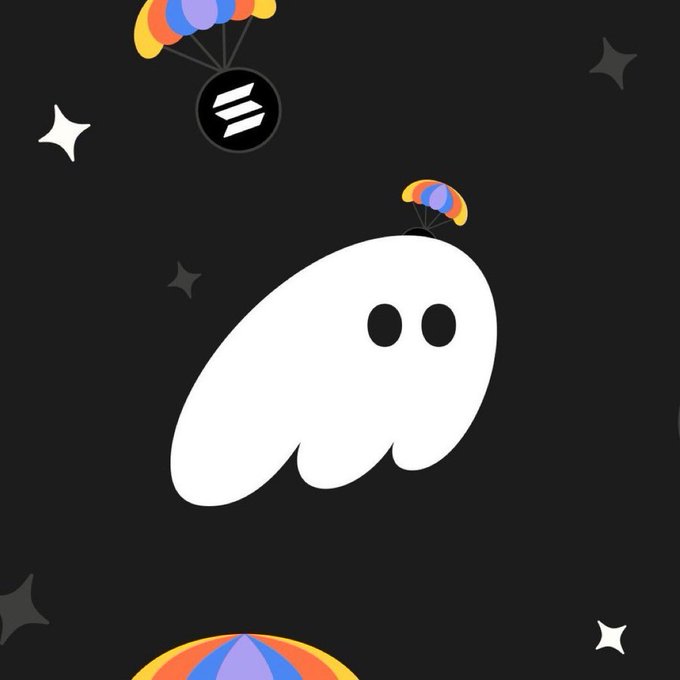 A cartoon white ghost descends by parachute against a starry black background, while a crate of $SOL tokens drifts down via colorful balloons at the top—illustrating the promised crypto airdrop.