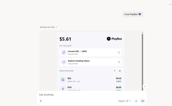 A screenshot of the PayBox cryptocurrency interface showing a balance of $5.61, with options to convert SOL to USDC and explore trending tokens, displaying open positions for SOL and ETH.