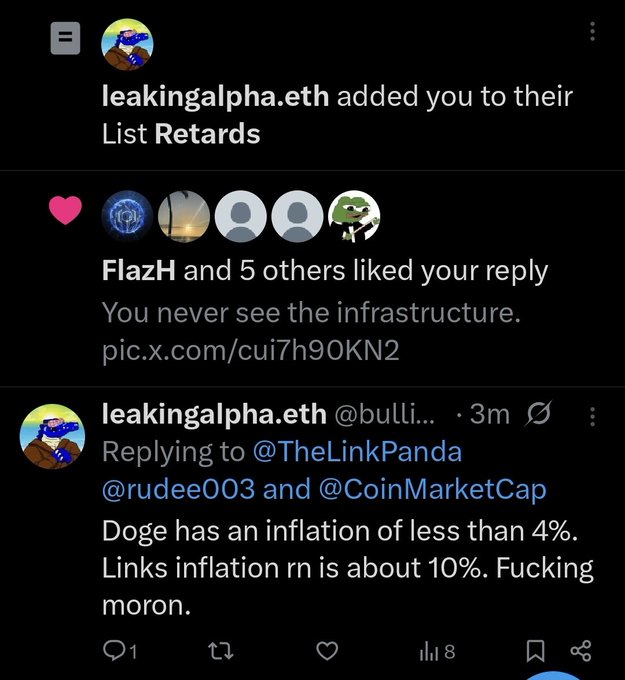 The image shows multiple posts on social media, where one post about a dog named Doge has been discussed by people, some of whom are using terms like "tokenomics", "infusion economy", and "lagging". A Twitter post has also linked to another post that mentions the irony in relation to the term "dogge" being used as a better project than "LINK". The text within the posts indicates that people have debated about Doge's value compared to other projects, with some using terms like "$infusion economy", "$tokens", and "@LINKCapital".