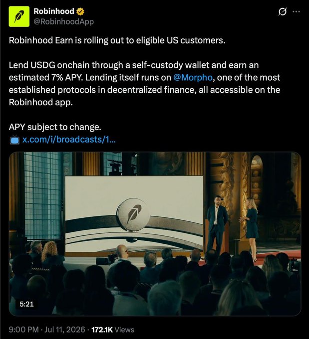 A Robinhood X post from @RobinhoodApp announcing 'Robinhood Earn is rolling out to eligible US customers' to lend USDG onchain via self-custody wallet for an estimated 7% APY through Morpho protocol.