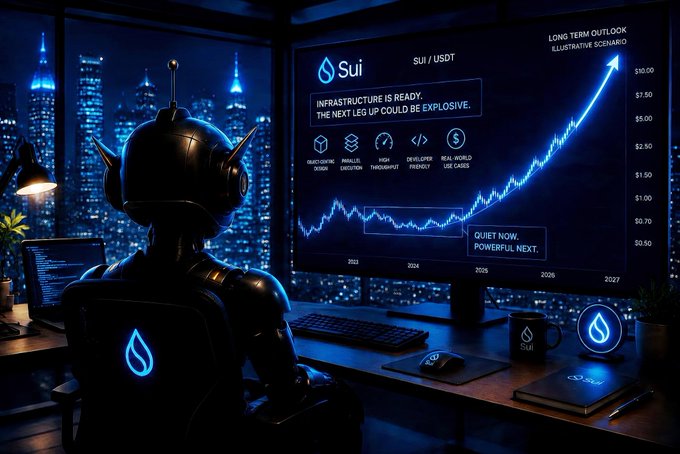 A futuristic robot overlooks a screen displaying the $Sui/USDT trading chart with a projected "LONG TERM OUTLOOK ILLUSTATIVE SCENARIO" showing significant growth, alongside key features like "PARALLEL EXECUTION" and "HIGH THROUGHPUT". The screen emphasizes "INFRASTRUCTURE IS READY. THE NEXT LEG UP COULD BE EXPLOSIVE," complementing the post's sentiment about $Sui's potential.