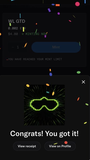 A mobile screen celebrates an NFT mint of pixelated green sunglasses with the message "Congrats! You got it!" alongside a "Mint" button showing "YOU HAVE REACHED YOUR MINT LIMIT."