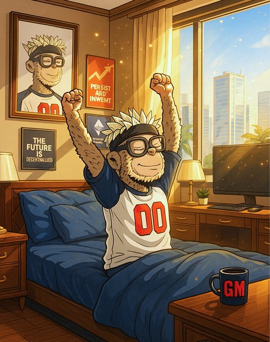 An anthropomorphic monkey wearing a headband and a white "00" jersey stretches triumphantly in a sunlit bedroom, with motivational posters reading "PERSIST AND INVESTMENT" and "THE FUTURE IS DECENTRALIZED," plus a "GM" mug on the nightstand—perfectly capturing the post's "Good morning fam" energy and determined, winning spirit.