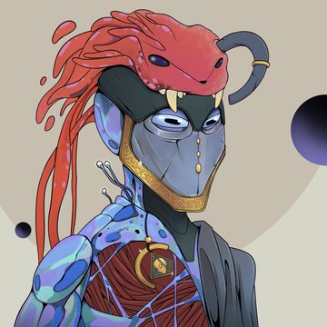 A digital illustration of a blue armored character with a red dragon-like creature perched on its head, featuring exposed muscles, gold accents, and ornate details against a beige background.