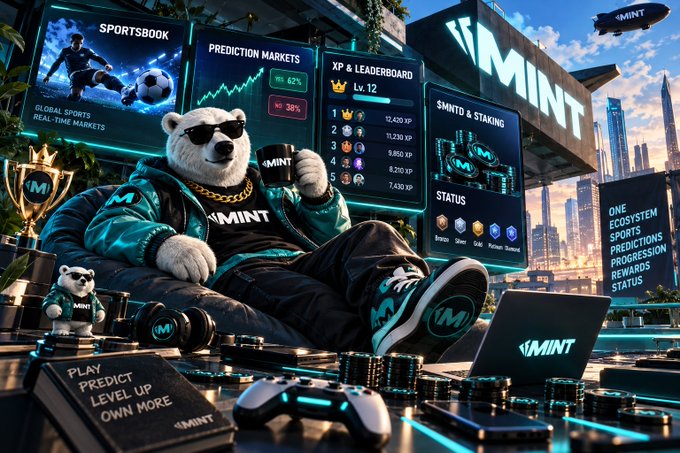 A promotional image for the '$MINT' cryptocurrency project features an anthropomorphic polar bear wearing sunglasses and streetwear, lounging with stacks of coins amidst digital screens displaying 'SPORTSBOOK', 'PREDICTION MARKETS', and 'XP & LEADERBOARD'.
