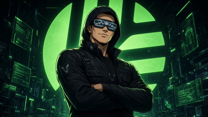A stylized digital illustration of a hooded figure wearing digital glasses that display a line graph, set against a dark background with green glowing screens and a circular logo.