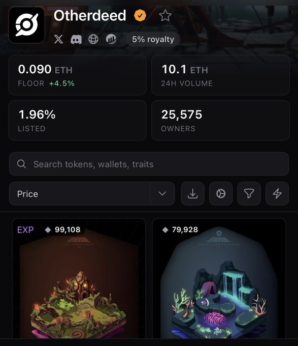 NFT collection page for 'Otherdeed' showing a floor price of 0.090 ETH, 24H volume of 10.1 ETH, 1.96% listed, and 25,575 owners.