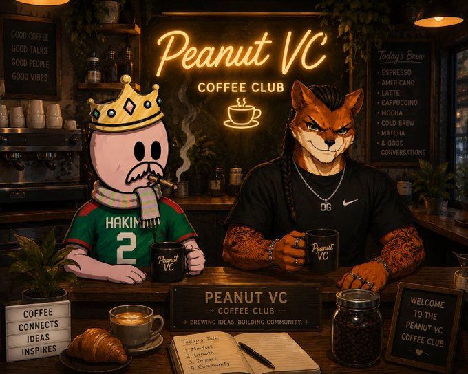 Two characters—one wearing a green "HAKIM 2" jersey with a crown, and another wearing a "OG" Nike shirt—sit at the Peanut VC Coffee Club, holding branded mugs in front of a neon "Peanut VC Coffee Club" sign that reads "Brewing Ideas. Building Community." and lists "Today's Brew" menu items including Espresso, Americano, and "Good Conversations," setting the warm, inviting scene for the morning crypto and life chat with @YUNVME7 and OG.