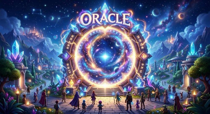 A fantasy-themed digital artwork featuring a large glowing portal labeled "ORACLE," surrounded by crowds of people, magical crystals, and distant castles under a starry, cosmic sky.