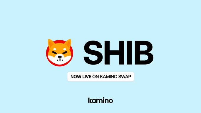 A light blue announcement graphic features the Shiba Inu dog logo next to the text 'SHIB', with a banner reading 'NOW LIVE ON KAMINO SWAP' and the 'kamino' logo below.