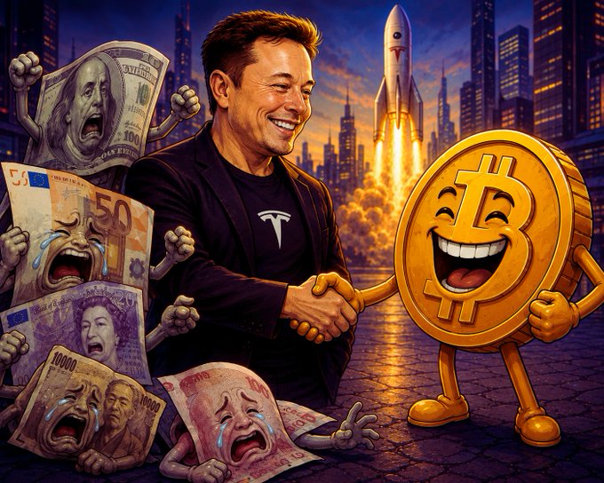 The image is a colorful illustration showing Elon Musk smiling and shaking hands with a cheerful, anthropomorphized Bitcoin coin, while in the foreground several sad, crying world currencies (including a US $100 bill, a 50 Euro note, a Japanese Yen, a 10,000 note, and others) lie defeated on the ground, with a SpaceX rocket launching in the background over a futuristic cityscape.

**Connection to the post:** The image visually reinforces Musk's message that Bitcoin (ticker: BTC), backed by real energy through Proof-of-Work, holds real value, while traditional fiat currencies (USD, EUR, JPY, etc.) lose value because governments can print them at will — symbolized by the crying, weakened currencies — and ties this to Musk's companies (Tesla, SpaceX) accumulating Bitcoin as a treasury asset.