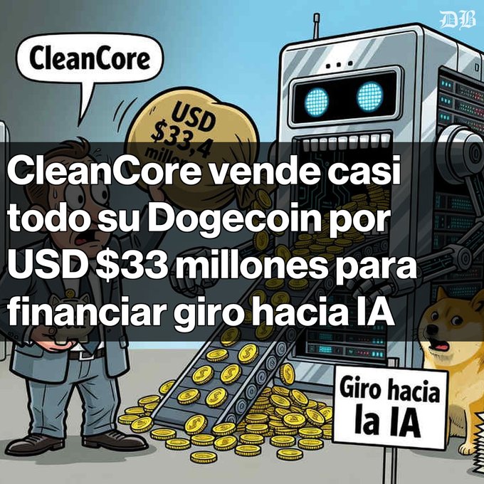 A cartoon illustration of a sweating man holding a money bag labeled 'USD $33,4 millones' next to a robot on a conveyor belt with Dogecoin coins and a Shiba Inu dog. Text reads 'CleanCore vende casi todo su Dogecoin por USD $33 millones para financiar giro hacia IA'.