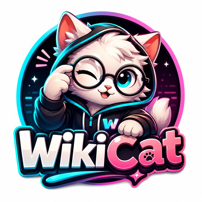 A colorful mascot logo featuring a winking white cat character with round glasses and a black hoodie, with the text 'WikiCat' displayed prominently below.