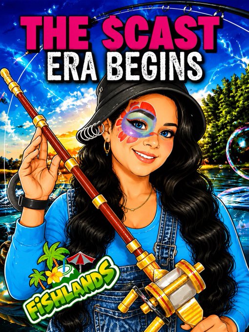 A colorful, illustrated game cover for 'Fishlands' titled 'THE $CAST ERA BEGINS', featuring a woman with long dark hair, a black bucket hat, face paint, and a fishing rod, with a tropical island background.