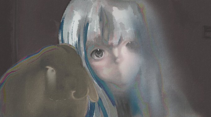 A hazy, atmospheric illustration of an anime-style girl with light hair and large eyes, with a dark teddy bear visible beside her.