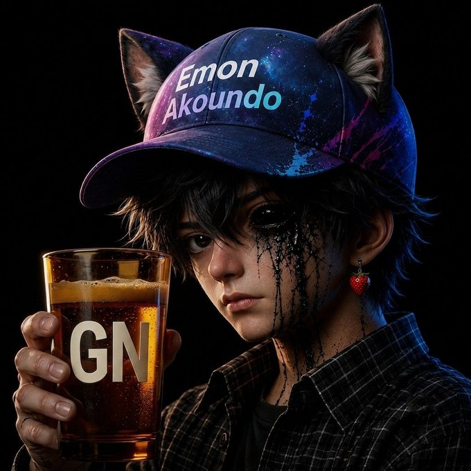 An anime-style character with cat ears wearing a galaxy-patterned 'Emon Akoundo' cap, holding a glass labeled 'GN', with dark liquid dripping from one eye.