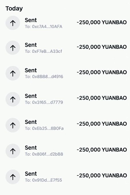 A transaction history showing multiple 'Sent' transfers today, each for -250,000 YUANBAO to various wallet addresses starting with 0x (0xc7A4...10AFA, 0xF7eB...A33cf, 0x8BB8...d4916, etc.).