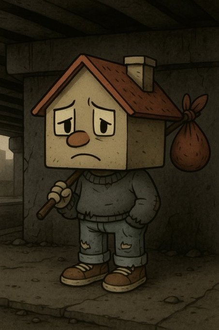 A sad, sentient house with a red roof and bundled bindle stands in a dimly lit underpass, embodying the "gchill" meme as a visual metaphor for homeowner or renter struggle — worn-out, downcast, and ready to leave it all behind.