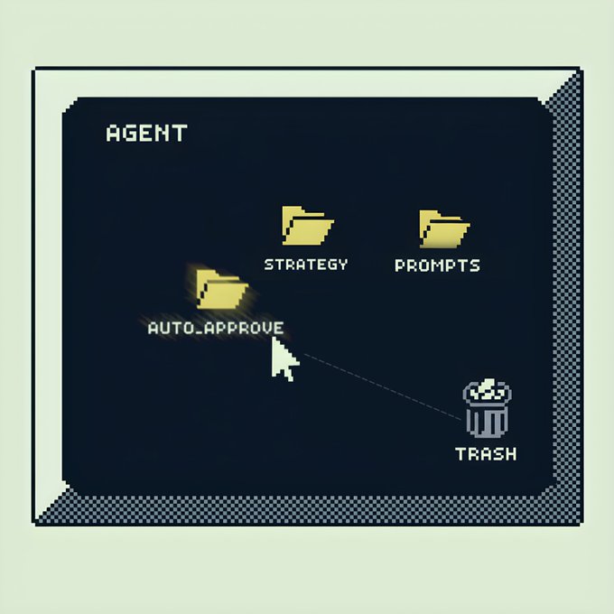A pixel-art interface shows an "AGENT" folder containing subfolders labeled "STRATEGY," "PROMPTS," and "AUTO_APPROVE," with a cursor dragging the "AUTO_APPROVE" folder to the "TRASH." This visualizes the post's message about neutralizing a prompt-injection attack by discarding automated approval mechanisms before malicious instructions can execute transactions.