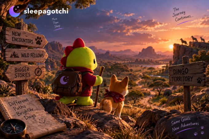 A cartoon green dinosaur wearing a backpack and a small dog with a red bandana stand on a rocky outcrop overlooking a sunset desert landscape, with signs reading "NEW ENCOUNTERS," "WILD FELLOWS," "BIGGER STORIES," and "DINGO TERRITORY," alongside handwritten notes "More Than Sleep," "Different Paths, Brighter Days," "The Journey Continues...," and "Same Goals, New Adventures" framing the "sleepagotchi" logo. The image illustrates the post's point that the Sleepagotchi game offers evolving storylines, new encounters, and meaningful companions that make engaging with the app feel like a journey worth following rather than a routine check-in.