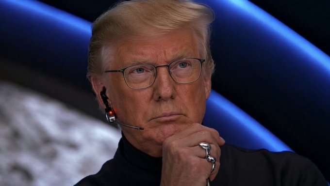 Close-up of an older man with blonde hair wearing glasses and an earpiece microphone, with a serious expression against a blue-lit background.