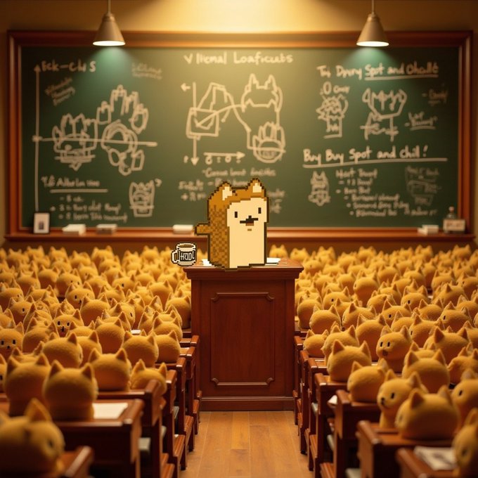 A pixel art illustration showing a small dog character standing at a wooden podium in a classroom, surrounded by a sea of seated cat students in front of a chalkboard covered in diagrams.