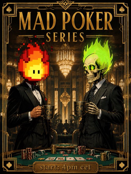 This image advertises the "MAD POKER SERIES" featuring two figures representing @MadLads and @HotHeadsNFT, with a poker game set to start at 4 PM CET.