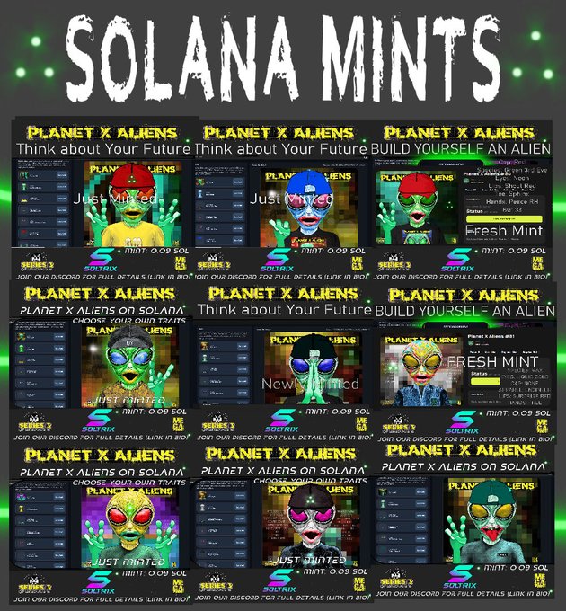 A collage titled "SOLANA MINTS" displaying nine panels of "PLANET X ALIENS" NFT mints, each marked with "Just Minted" or "Fresh Mint" and a "mint: 0.09 SOL" price.