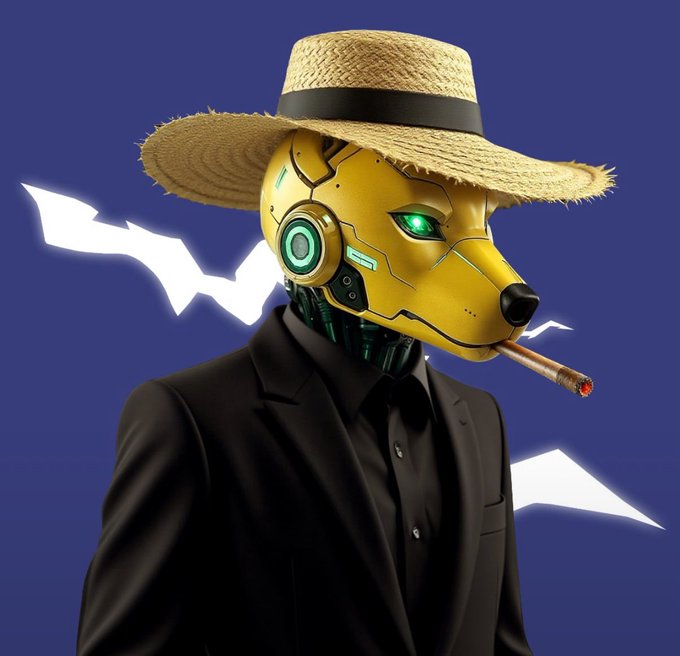 A digital illustration of a yellow robotic dog head with glowing green eyes wearing a straw hat and black suit, smoking a cigar, with bat silhouettes in the background.