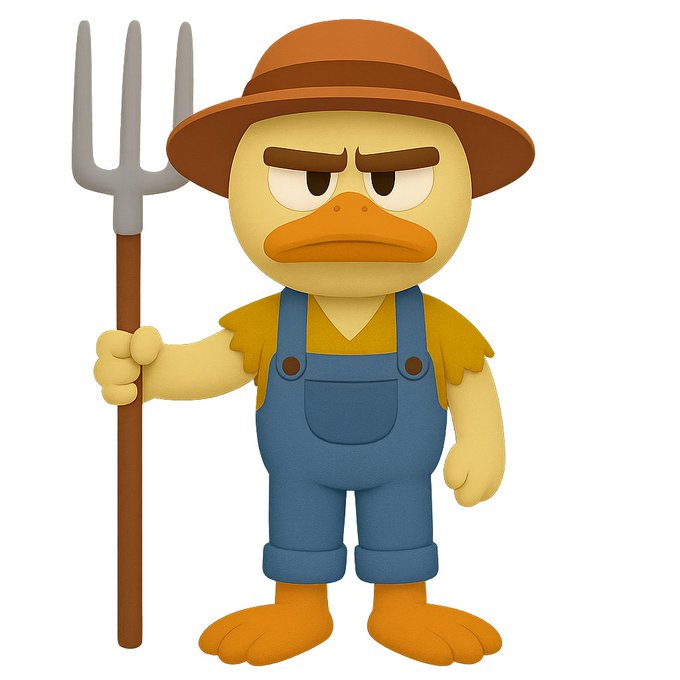A 3D rendered illustration of an angry anthropomorphic duck wearing a brown farmer's hat, blue overalls, and holding a pitchfork.