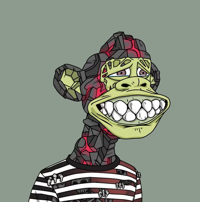 A cartoon illustration of a character with a large grinning duck-like bill, red glowing cracks, and a striped shirt on a gray-green background.