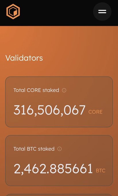 The image displays a "Validators" dashboard showing **316,506,067 CORE** total staked and **2,462.885661 BTC** total staked, visually reinforcing the post's claim of strong network participation that signals investor confidence in Core.