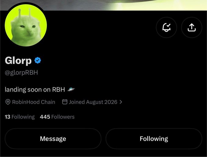 A Twitter/X profile screenshot for the verified "Glorp" account (@glorpRBH) on Robinhood Chain, showing a green cat avatar, the bio "landing soon on RBH 🚀," a join date of August 2026, and metrics of 13 Following and 445 Followers—matching the post's promotional details about the token's supply, chain, and follower count.