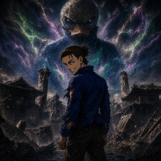 A confident young man with tied-back dark hair, wearing a tattered blue shirt, smirks back over his shoulder in the foreground, while a massive, ominous entity with a bill-like mask and glowing blue eyes looms behind him amid a ruined, mystical landscape of crumbling temples under a swirling purple-green sky—evoking a heroic, anime-inspired battle scene that reinforces the bold, "last chance to act now" urgency of the $EPIK promotional post.