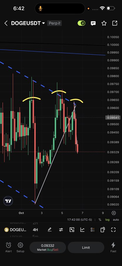 A TradingView chart for DOGEUSDT on the Perp market shows a candlestick pattern with blue dashed trendlines, with the current price marked at 0.09541.