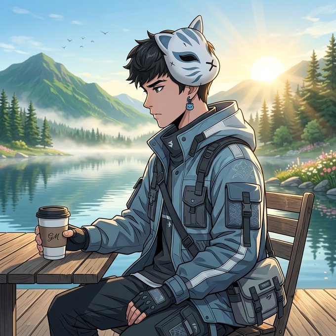 An anime-style illustration of a young man in a blue jacket wearing a white fox mask pushed up on his head, sitting at a wooden table holding a coffee cup beside a serene lake at sunset.