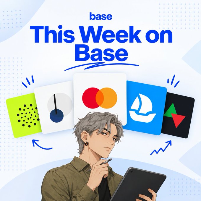 A Base promotional graphic reading “This Week on Base,” featuring app-style icons and an illustrated person holding a tablet and stylus.