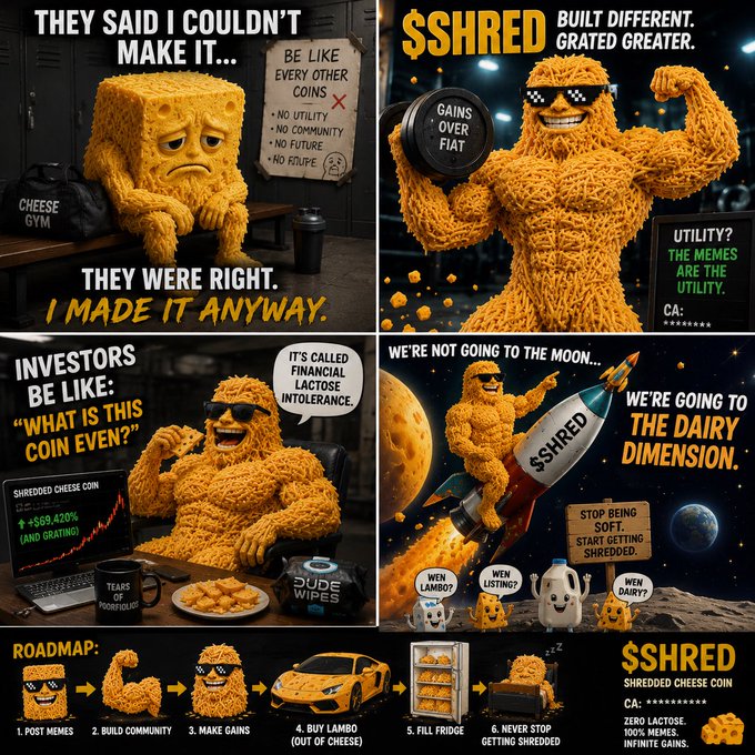 A meme-style promotional graphic for '$SHRED Shredded Cheese Coin,' featuring a muscular cheese mascot with taglines like 'BUILT DIFFERENT. GRATED GREATER.' and a roadmap including 'POST MEMES,' 'BUILD COMMUNITY,' and 'BUY LAMBO (OUT OF CHEESE).'