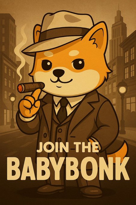 A cartoon illustration of an orange Shiba Inu dog dressed in a detective's trench coat and fedora, smoking a cigar, with the text 'JOIN THE BABYBONK' overlaid on a noir cityscape background.