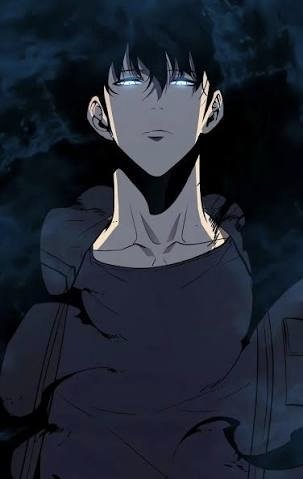 An anime-style illustration of a dark-haired male character with glowing eyes and torn clothing, set against a dark, smoky background.