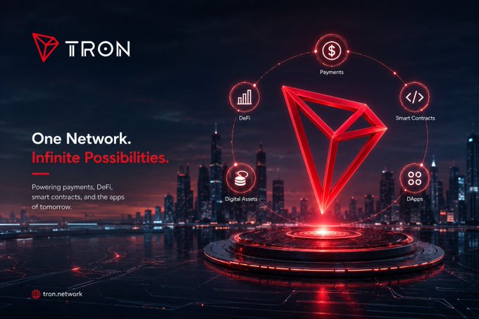 A promotional graphic for the TRON blockchain network featuring the tagline 'One Network. Infinite Possibilities.' with icons representing Payments, Smart Contracts, DApps, Digital Assets, and DeFi surrounding a red glowing TRON logo against a nighttime city skyline.