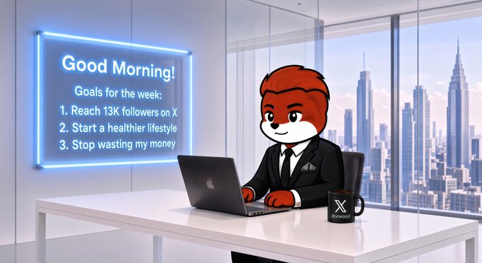 An animated red panda in a business suit works at a laptop in a modern office with a city view, alongside a 'Good Morning!' sign listing weekly goals: '1. Reach 13K followers on X, 2. Start a healthier lifestyle, 3. Stop wasting my money.'