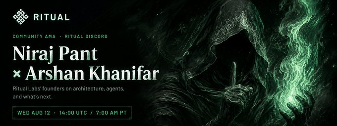 A promotional graphic for a 'RITUAL' Community AMA on Discord, featuring 'Niraj Pant × Arshan Khanifar' discussing architecture and agents, scheduled for 'WED AUG 12 · 14:00 UTC / 7:00 AM PT'.