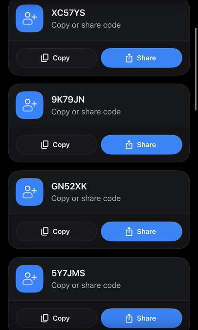A mobile app interface displaying share codes with options to 'Copy or share code', showing entries: XC57YS, 9K79JN, GN52XK, and 5Y7JMS.