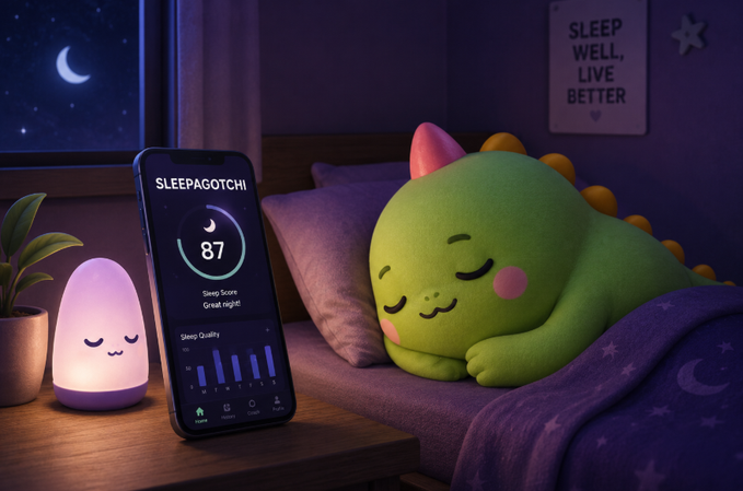 A promotional image showing a green dinosaur plush toy sleeping in bed next to a smartphone displaying the 'Sleepagotchi' app with a sleep score of 87, alongside a small glowing night light and a 'SLEEP WELL, LIVE BETTER' sign.