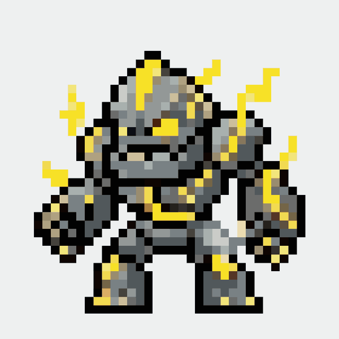 A pixel art character resembling a gray armored figure with a yellow lightning bolt emblem is surrounded by yellow electric sparks on a white background.