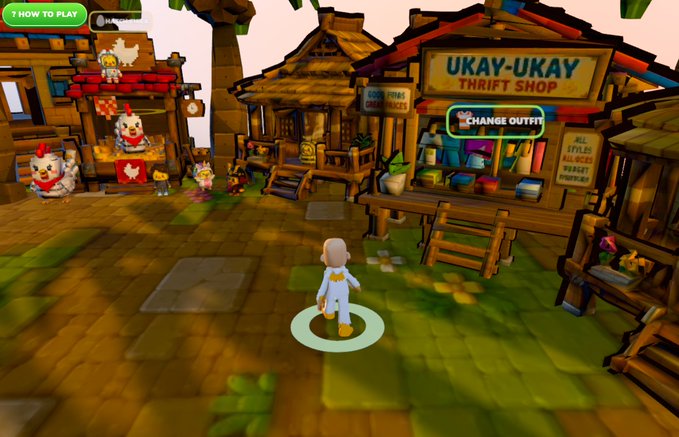 A character stands in a tropical village in The Sandbox, near a "UKAY-UKAY THRIFT SHOP" with a "CHANGE OUTFIT" prompt, while chickens—including a pirate chick and dino chick—roam nearby in a colorful scene that ties into the Chicken Wars experience.